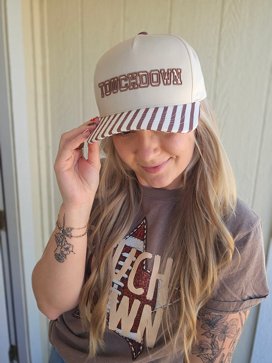 TOUCHDOWN Puff Embroidered Brown Stripe Trucker Hat