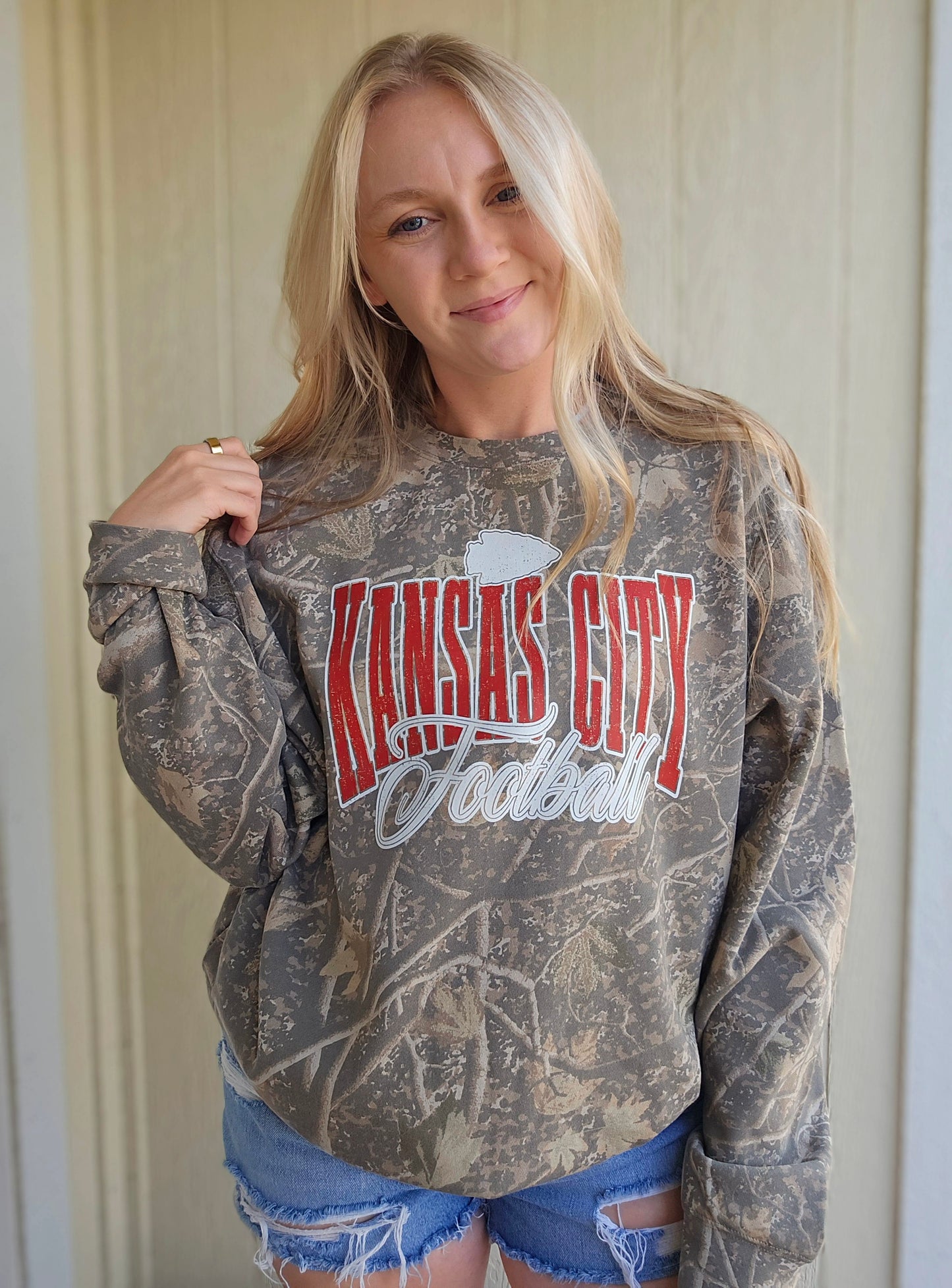 KC FOOTBALL Script Dark Camo Heavyweight Crewneck Sweatshirt