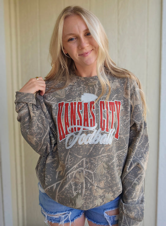 KC FOOTBALL Script Dark Camo Heavyweight Crewneck Sweatshirt