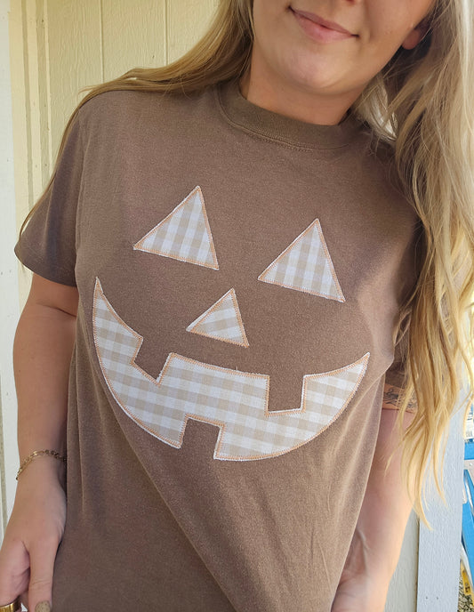 GINGHAM PUMPKIN Applique Embroidered Short Sleeve Tee