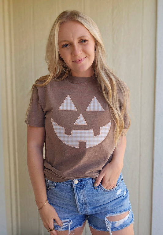 GINGHAM PUMPKIN Applique Embroidered Short Sleeve Tee