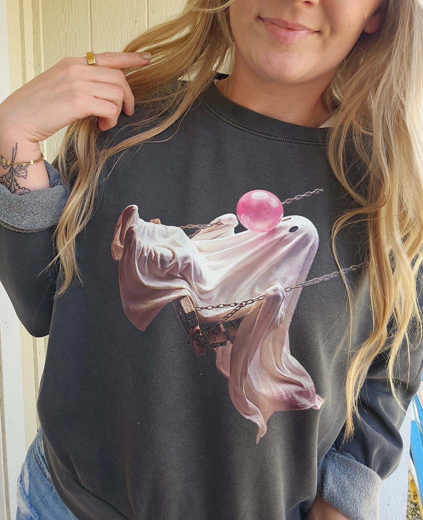 BUBBLEGUM GHOST Charcoal Mid-Length Vintage Wash Sweatshirt