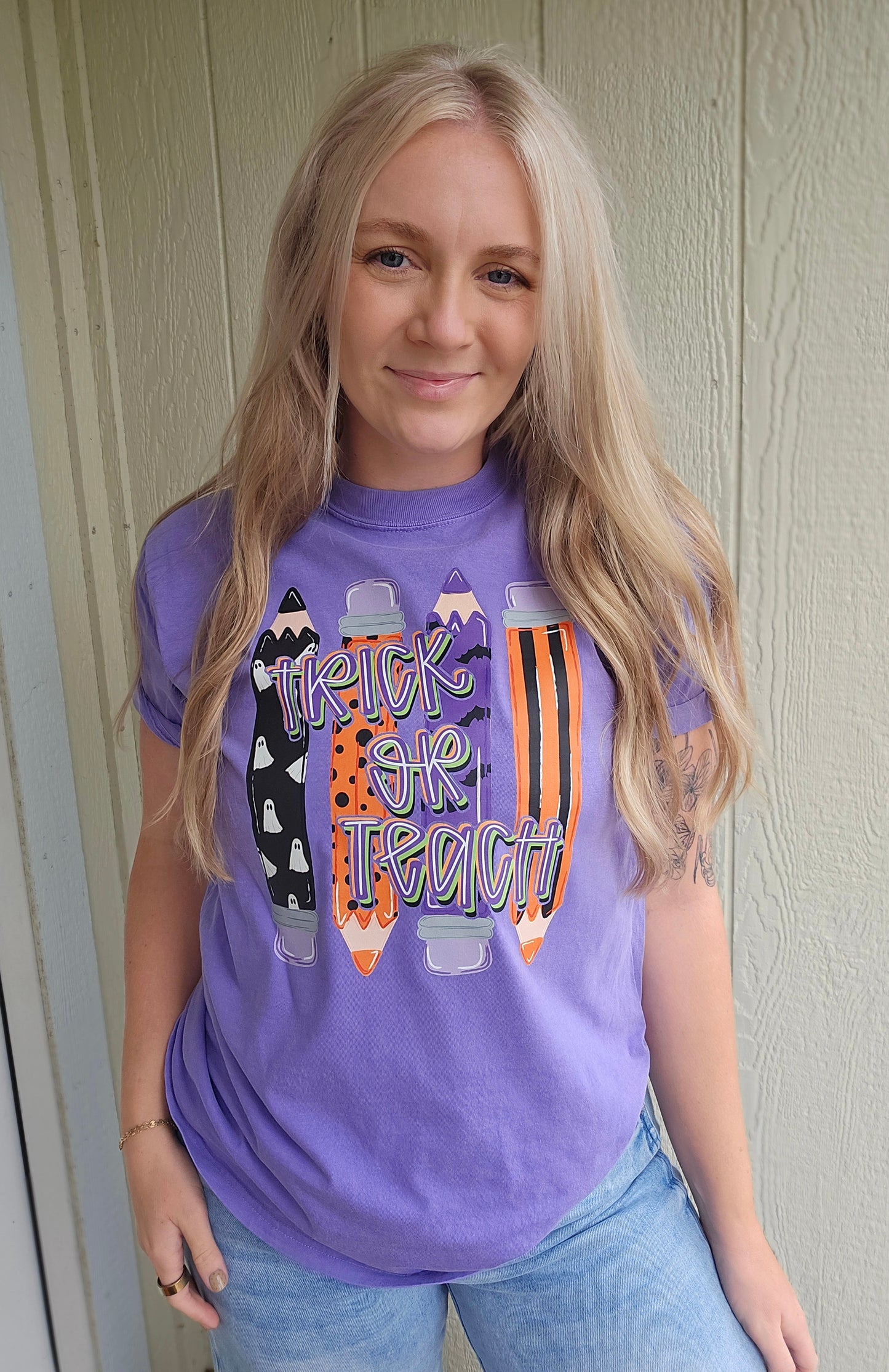 TRICK OR TEACH Purple Vintage Wash Tee