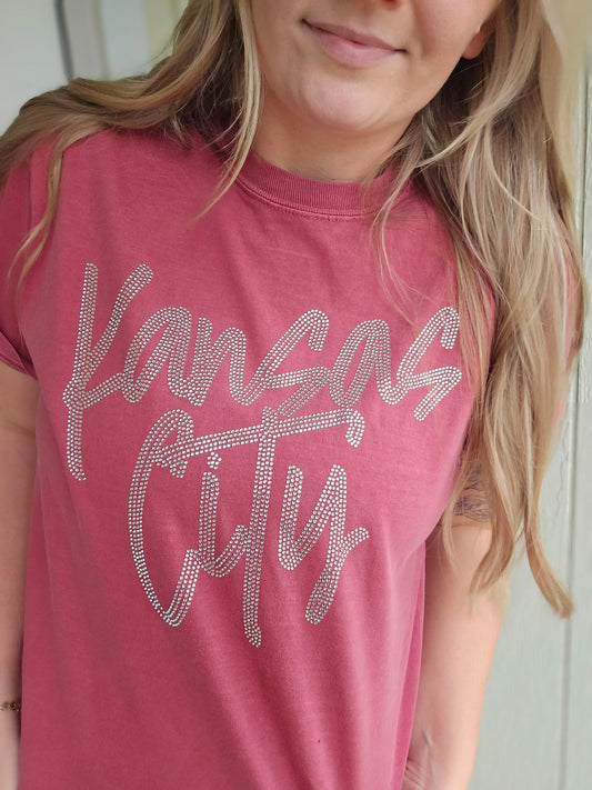 KANSAS CITY Rhinestone Red Vintage Wash Tee