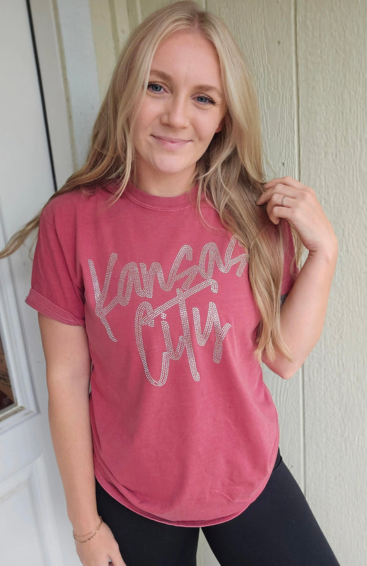 KANSAS CITY Rhinestone Red Vintage Wash Tee