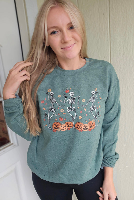 DANCING SKELLY Heather Green Crewneck Sweatshirt