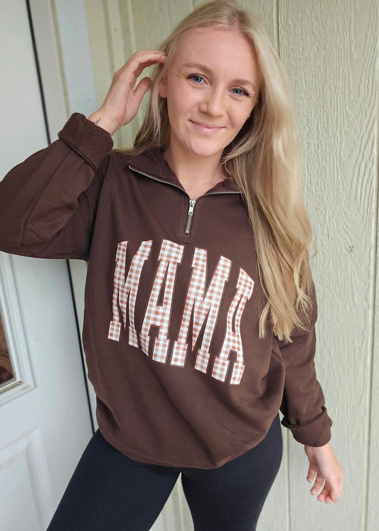 MAMA GINGHAM Espresso Quarter Zip Sweatshirt