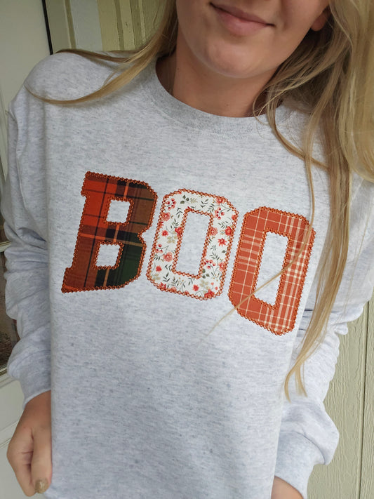 BOO Fall Applique Embroidered Ash Crewneck