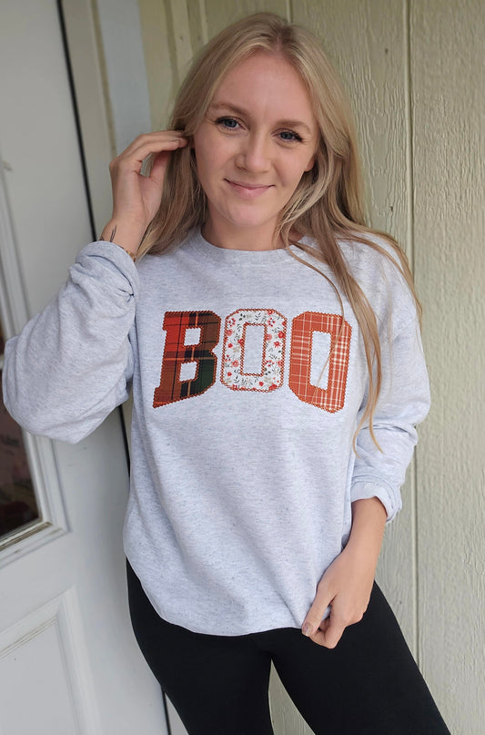 BOO Fall Applique Embroidered Ash Crewneck