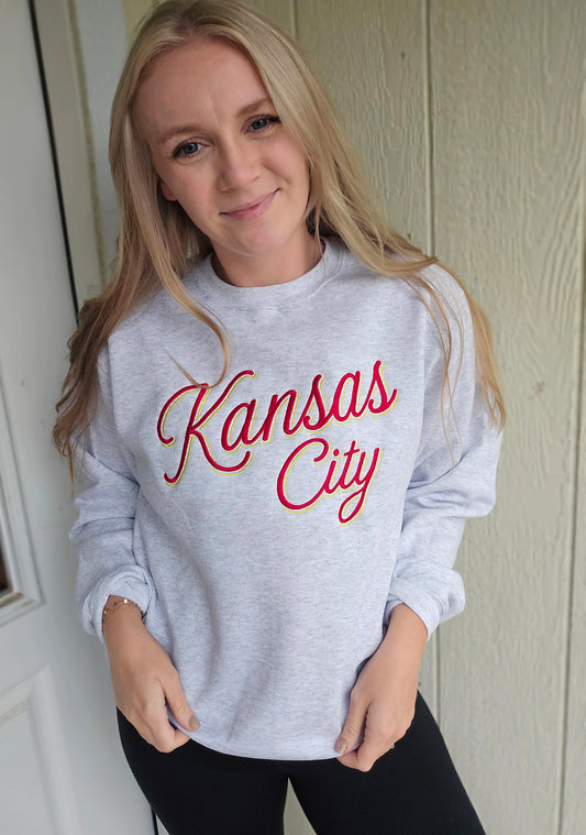 KANSAS CITY Retro Script Embroidered Ash Crewneck