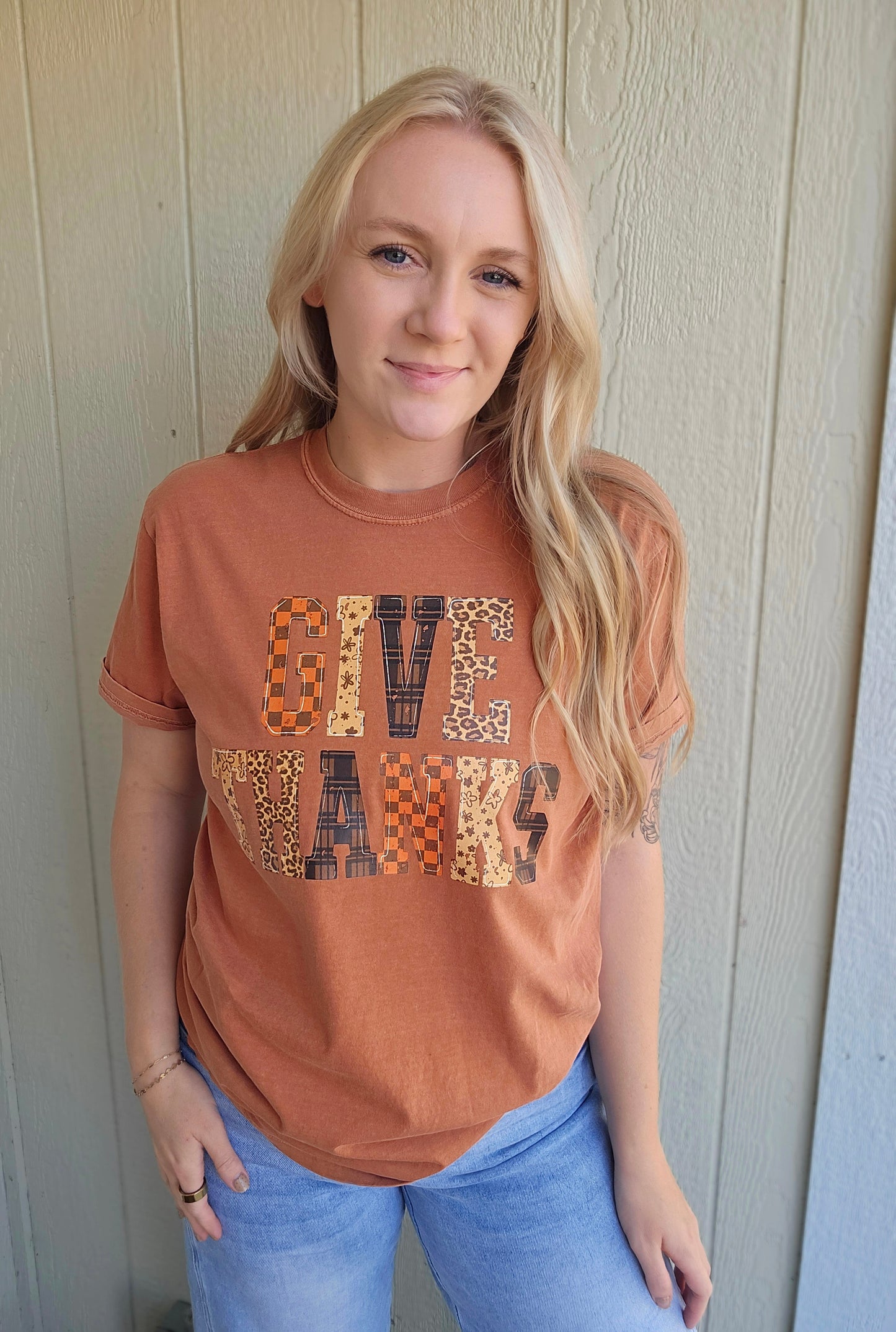 GIVE THANKS Multi-Pattern Rust Vintage Wash Tee