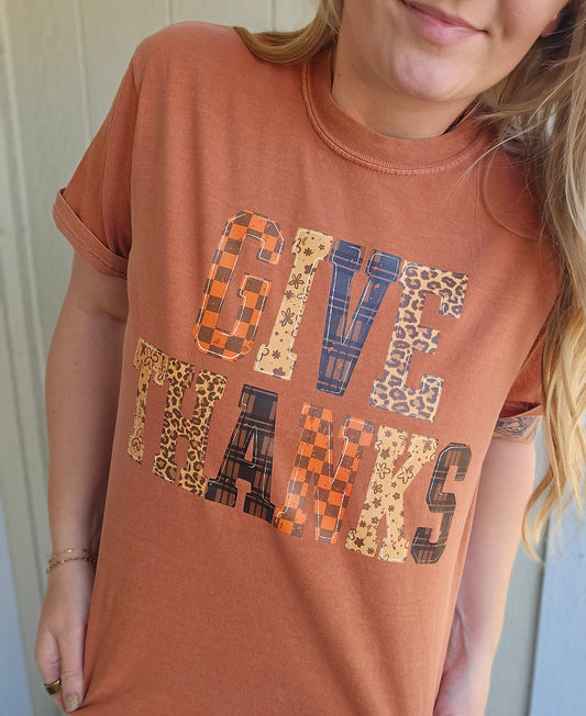 GIVE THANKS Multi-Pattern Rust Vintage Wash Tee