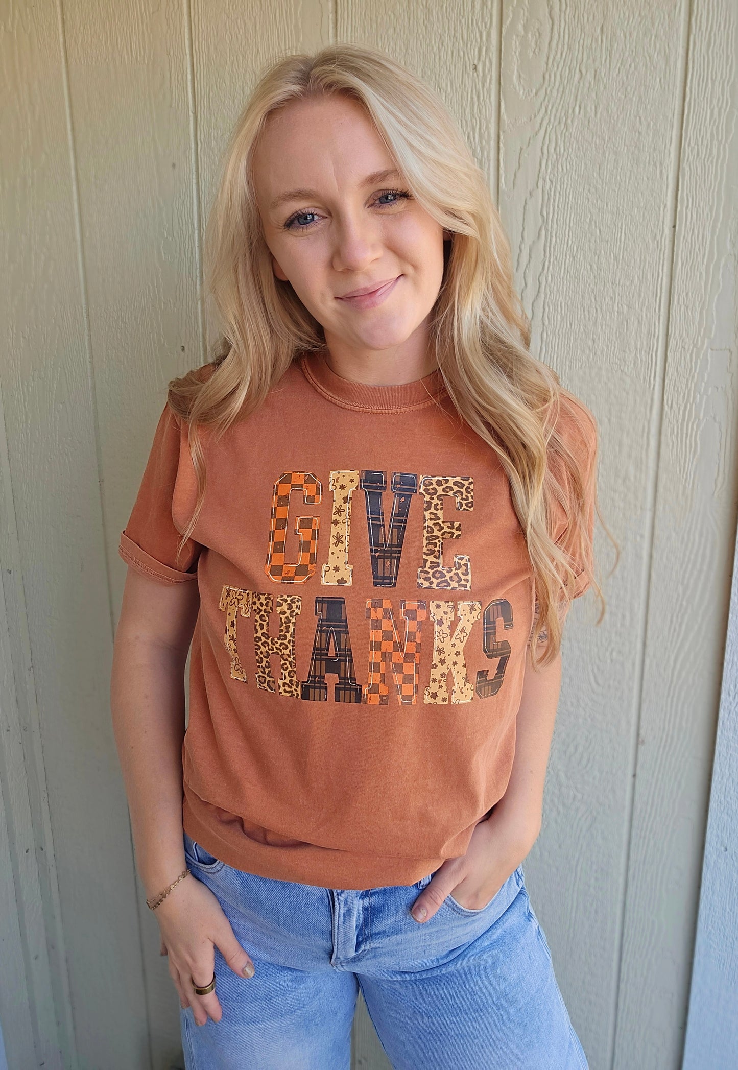 GIVE THANKS Multi-Pattern Rust Vintage Wash Tee