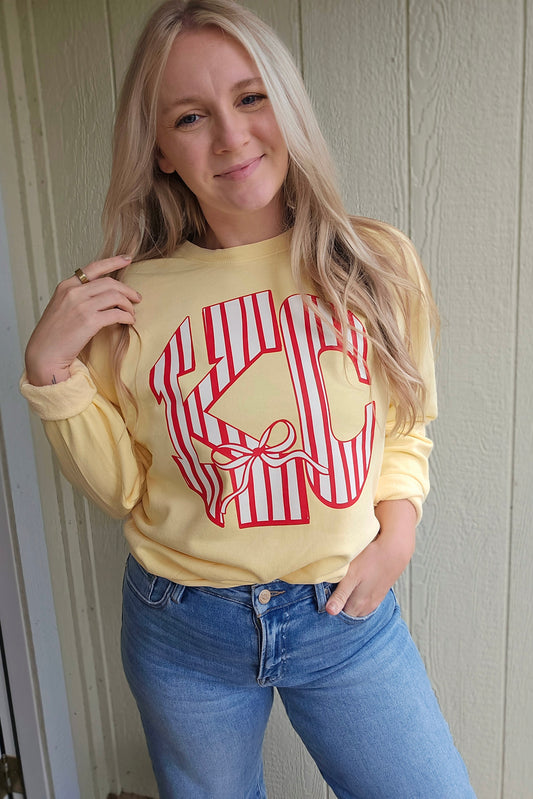 KC STRIPE BOW Butter Yellow Vintage Wash Crewneck