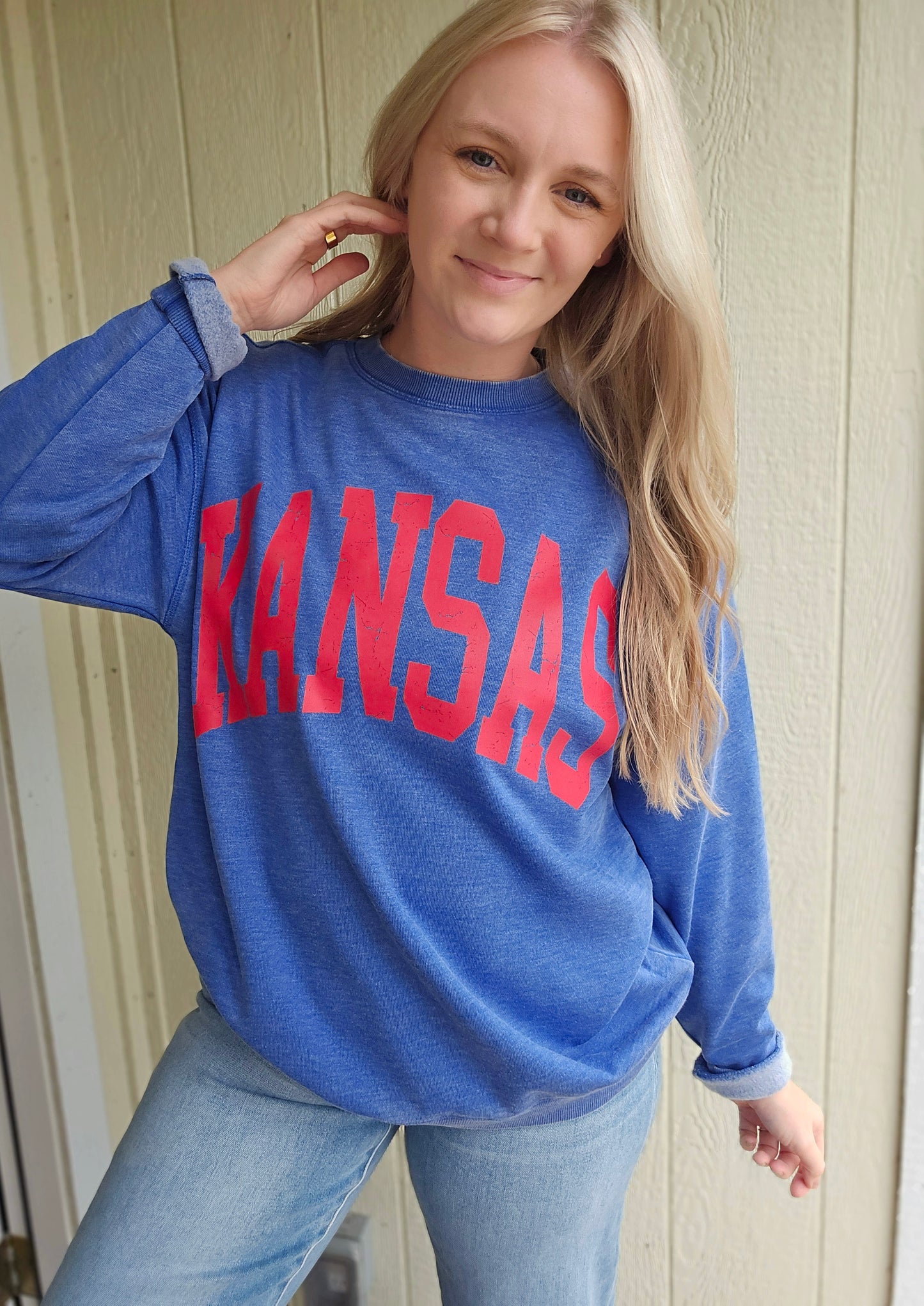 KANSAS Varsity Arch Burnout Crewneck Sweatshirt