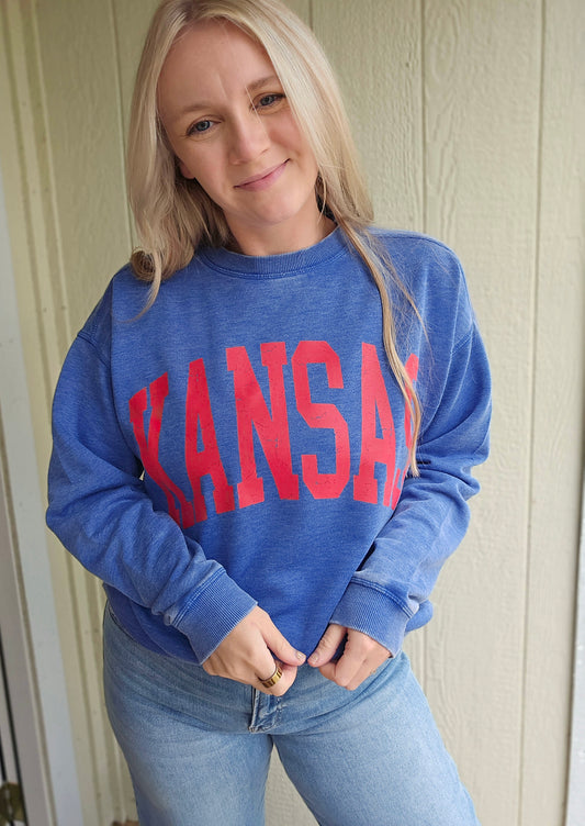 KANSAS Varsity Arch Burnout Crewneck Sweatshirt