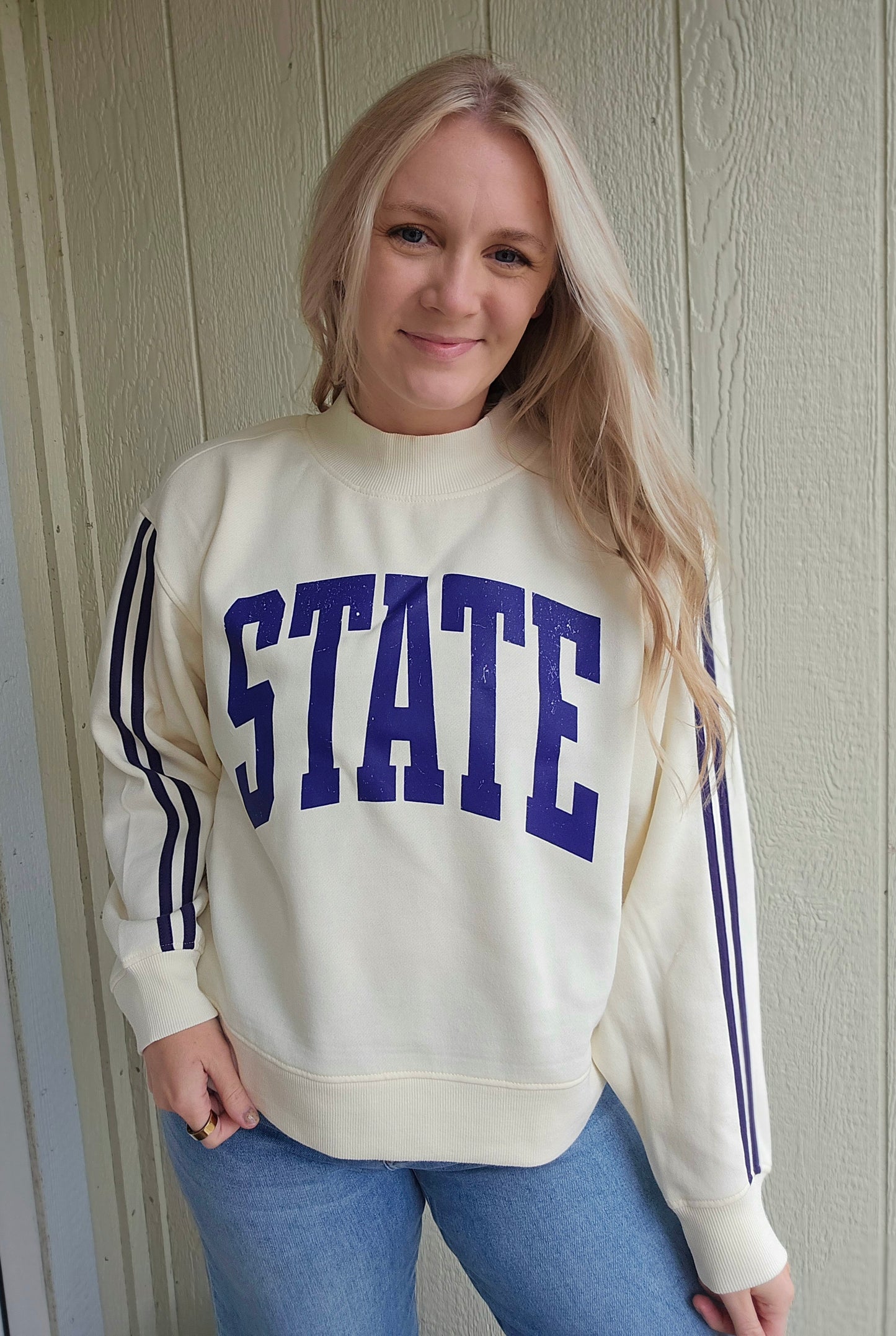 STATE Varsity Stripe Purple/Ivory Mockneck Sweatshirt
