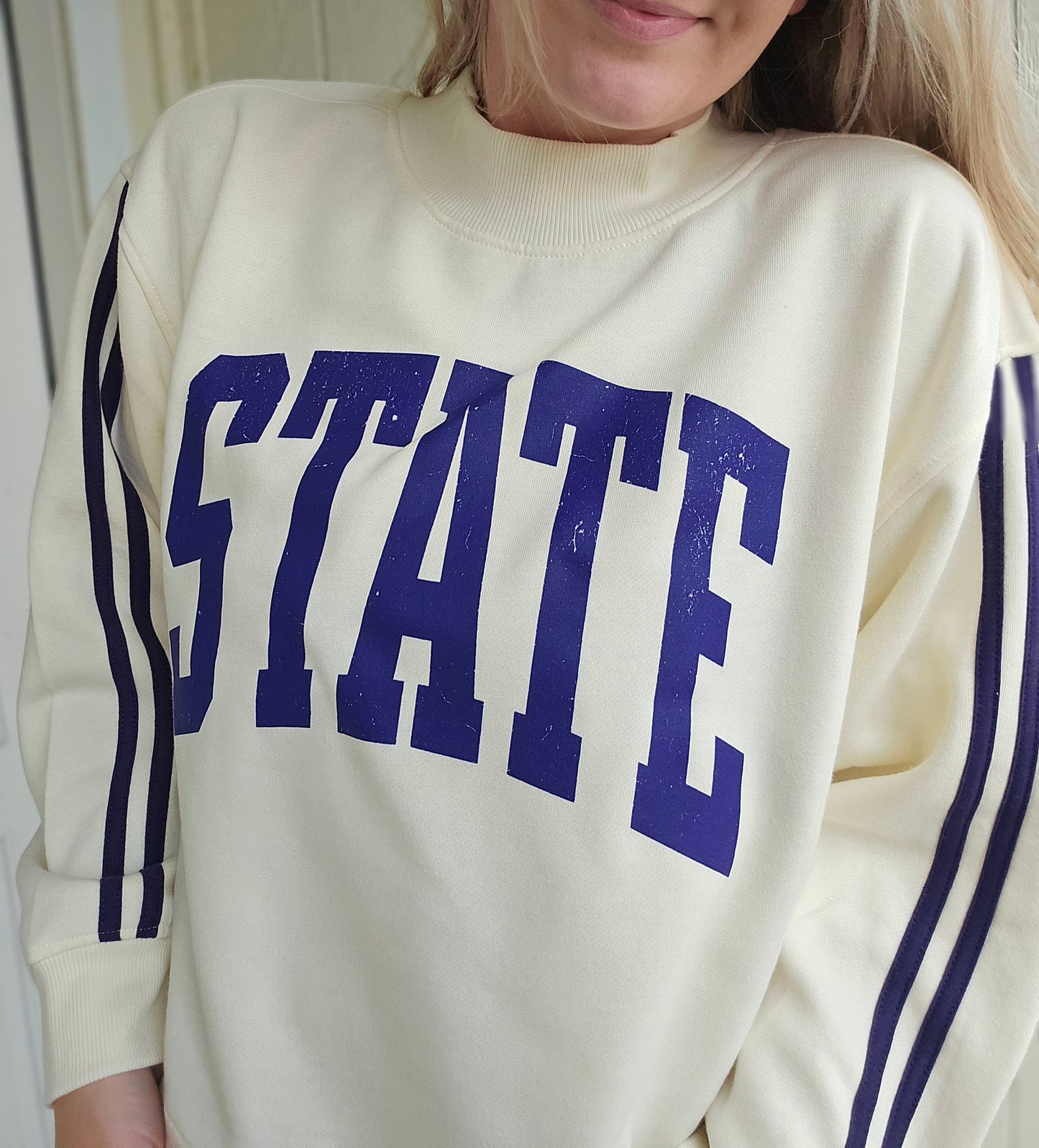 STATE Varsity Stripe Purple/Ivory Mockneck Sweatshirt