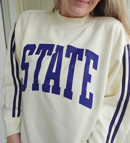 STATE Varsity Stripe Purple/Ivory Mockneck Sweatshirt
