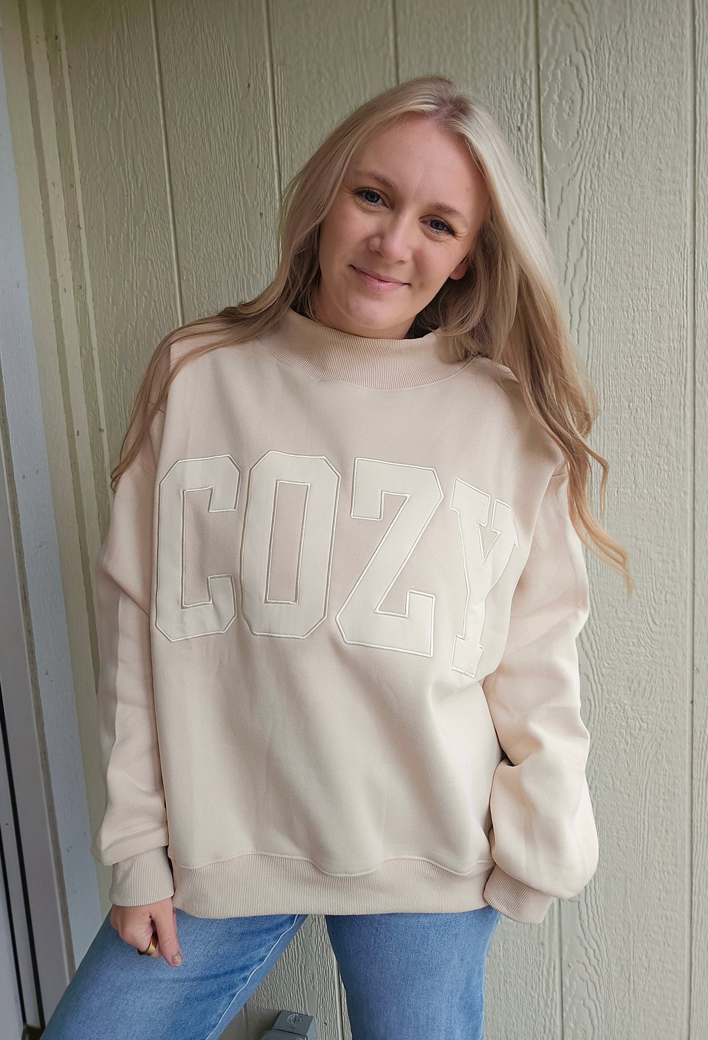 COZY Embroidered Beige Oversized Mockneck Sweatshirt