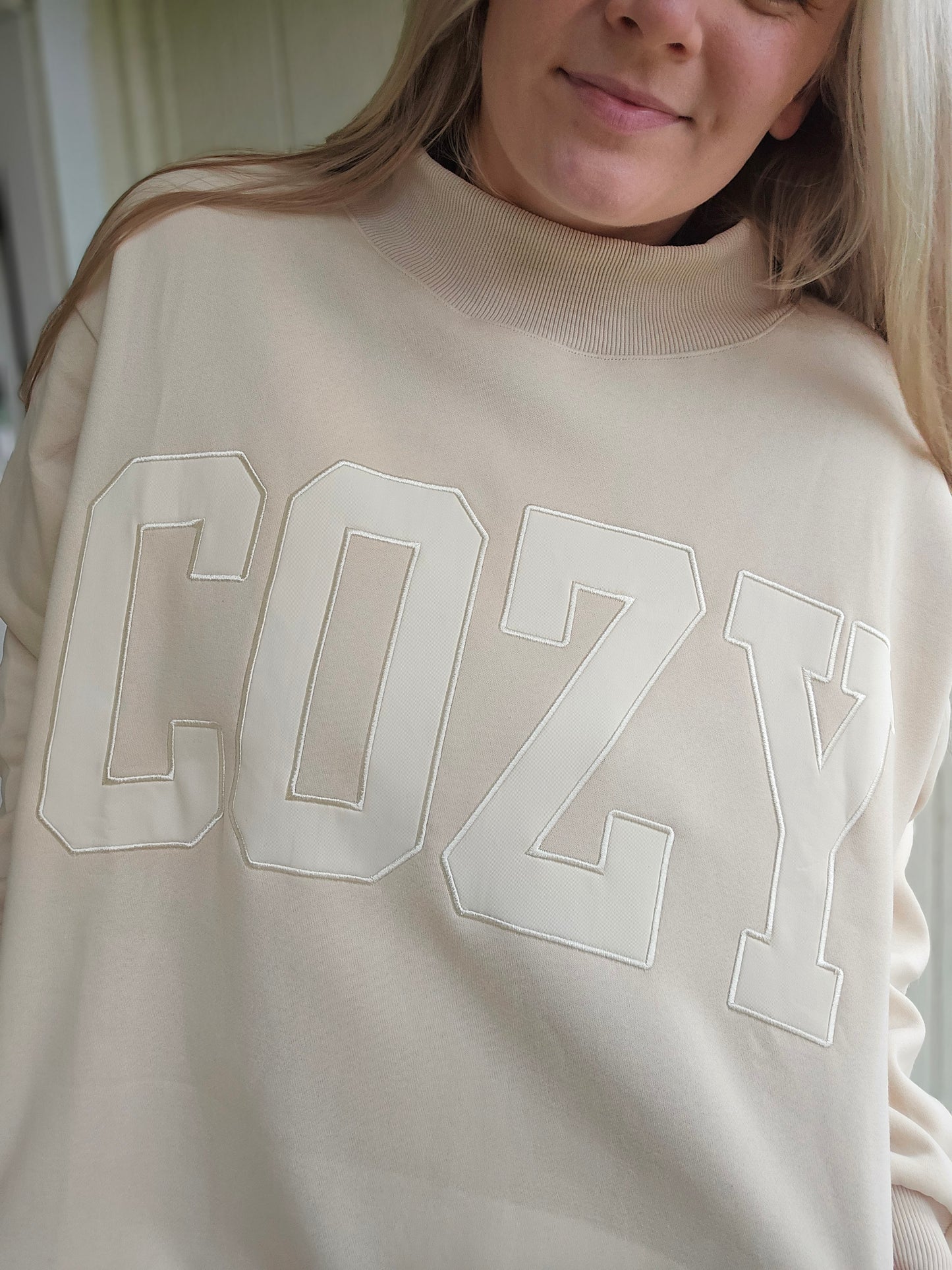 COZY Embroidered Beige Oversized Mockneck Sweatshirt