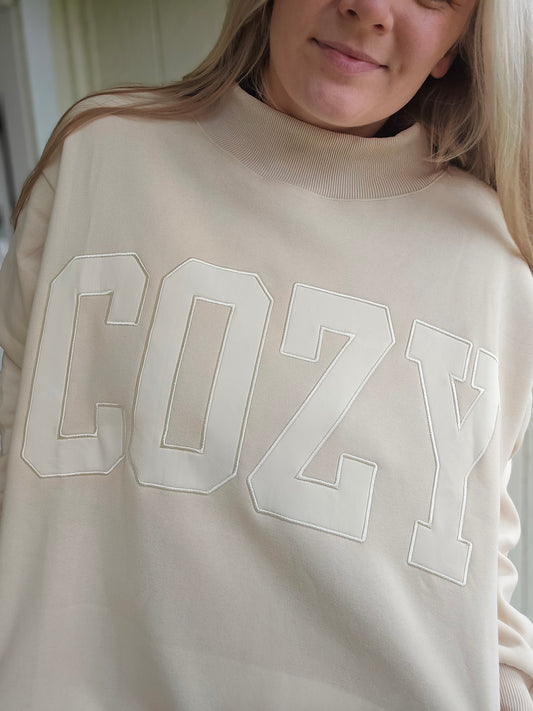 COZY Embroidered Beige Oversized Mockneck Sweatshirt