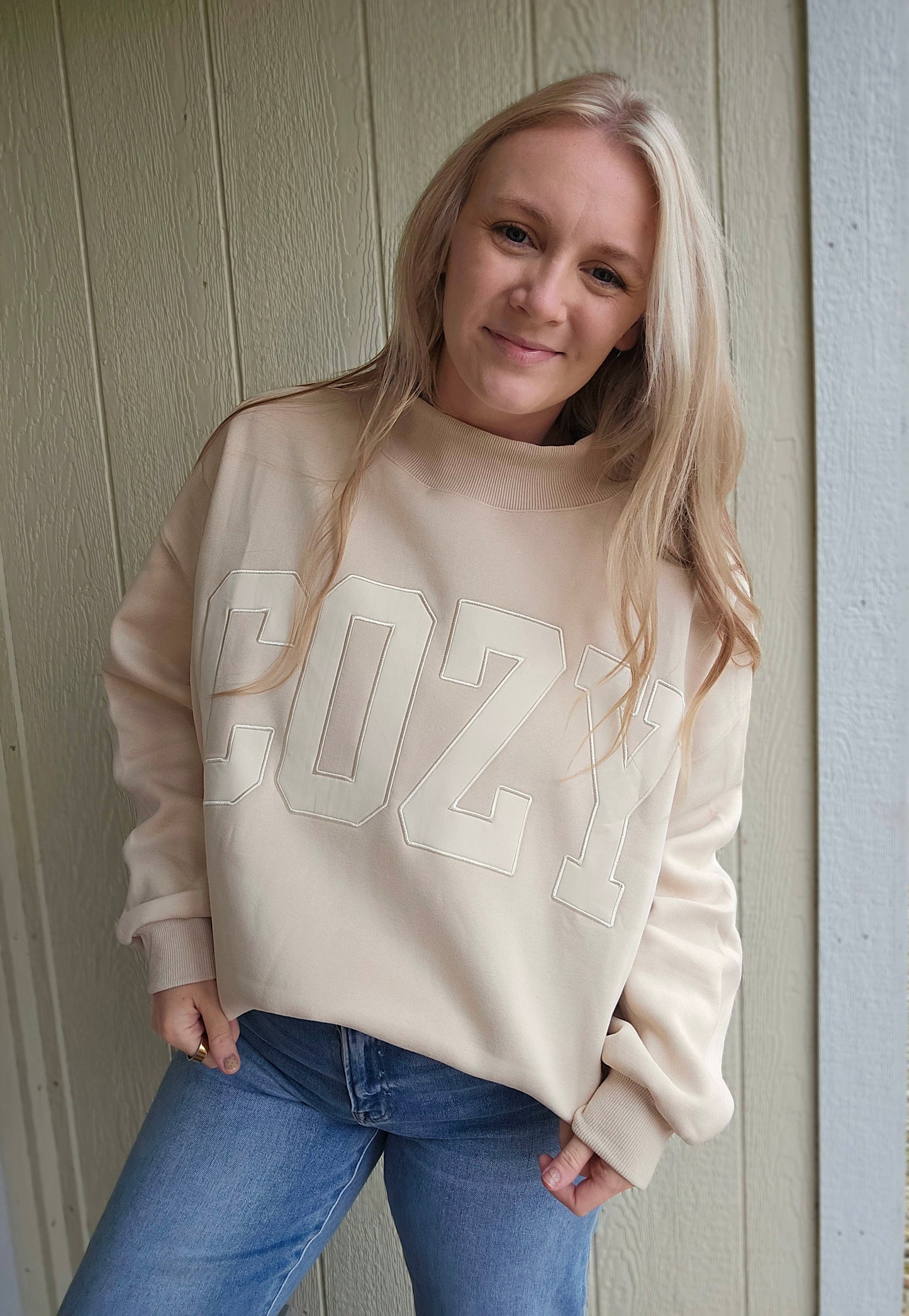 COZY Embroidered Beige Oversized Mockneck Sweatshirt