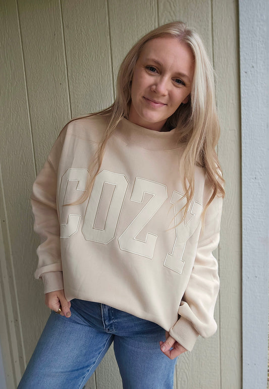 COZY Embroidered Beige Oversized Mockneck Sweatshirt