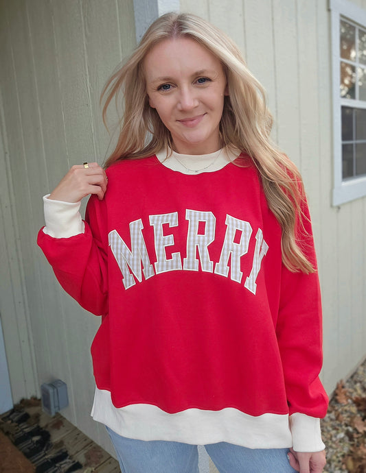 MERRY Gingham Two-Tone Mock Neck Sweatshirt