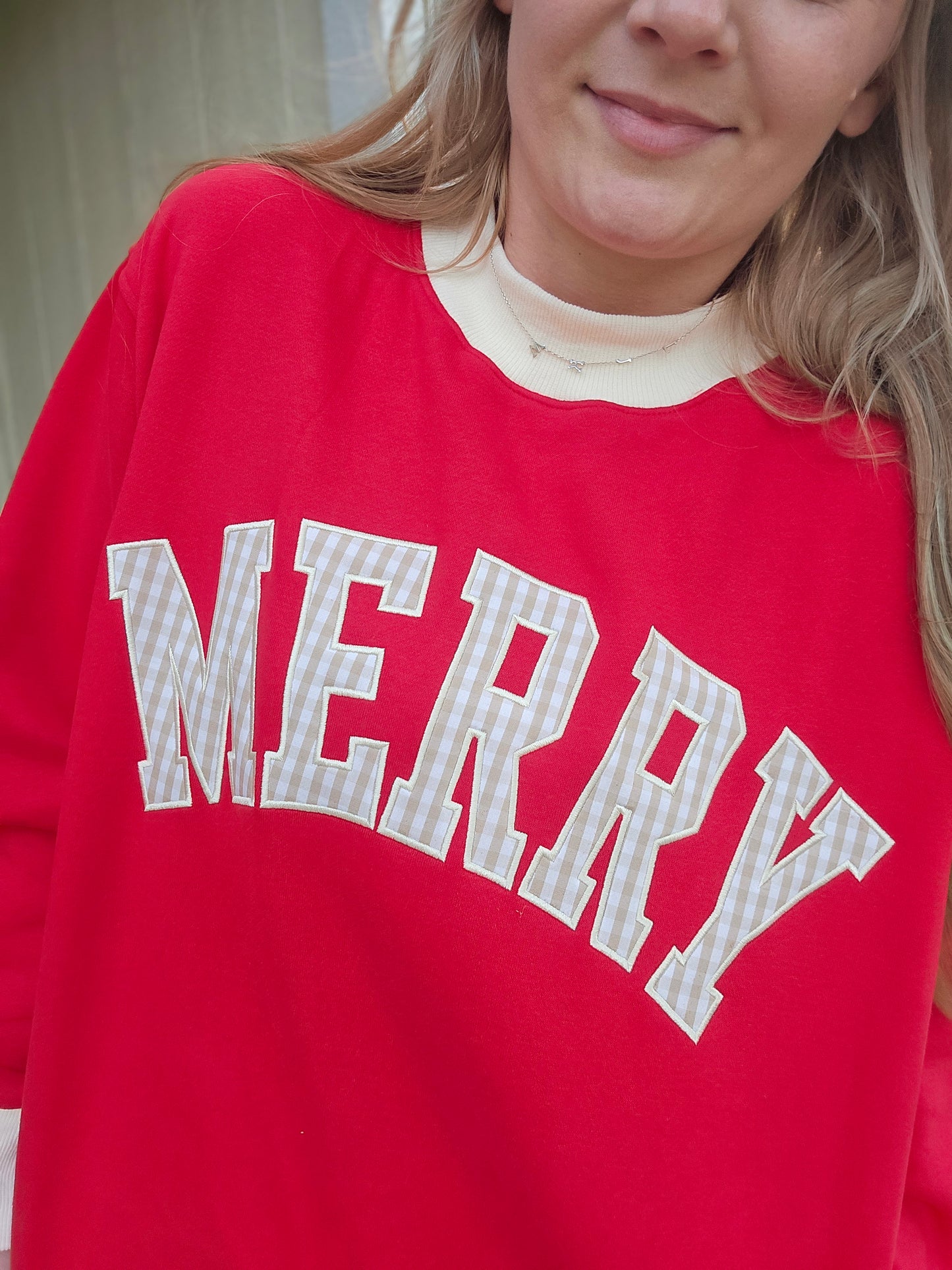 MERRY Gingham Two-Tone Mock Neck Sweatshirt