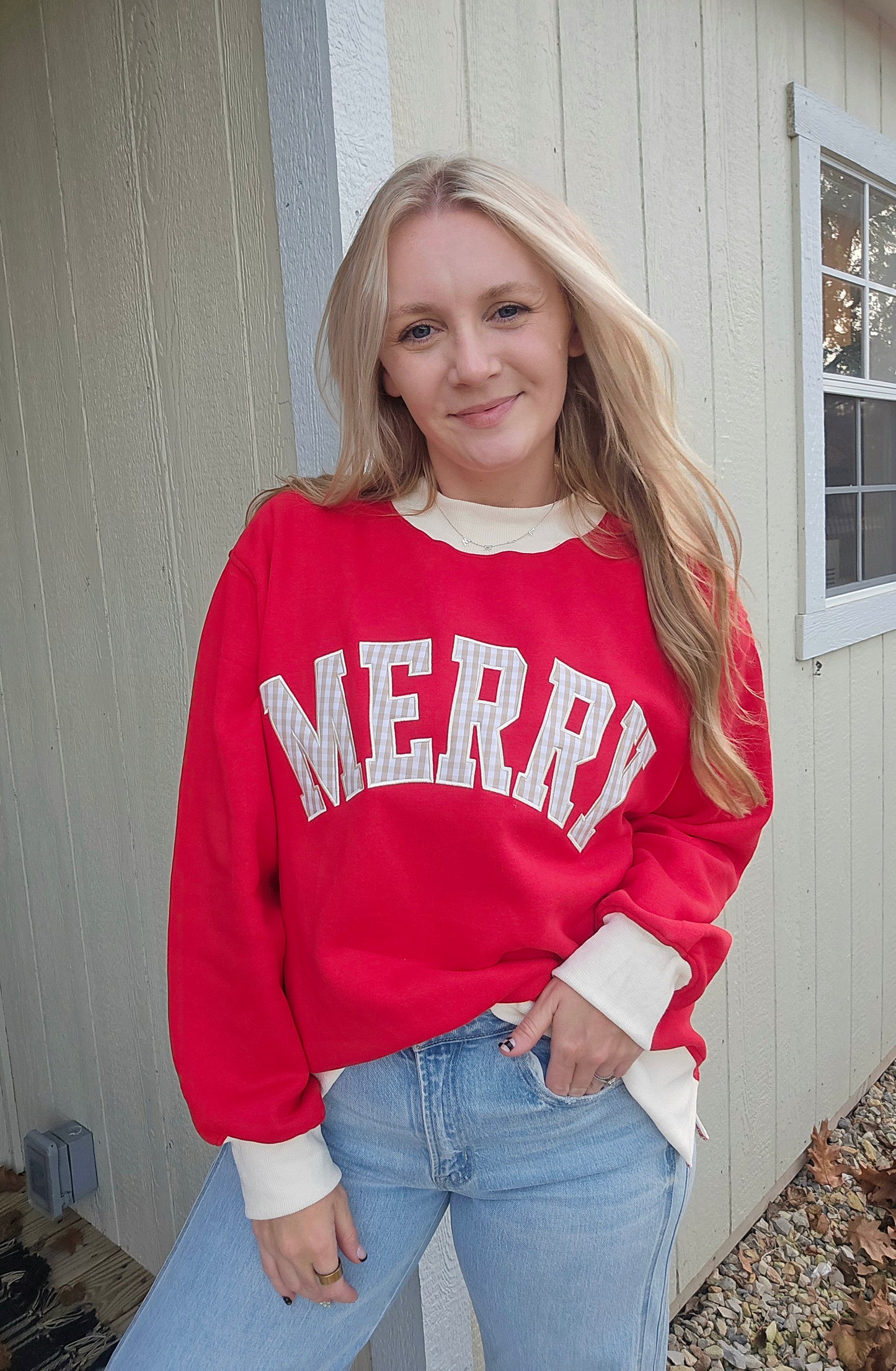 MERRY Gingham Two-Tone Mock Neck Sweatshirt