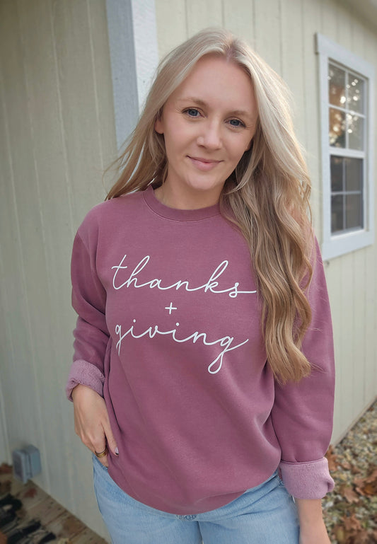 THANKS + GIVING Maroon Vintage Wash Crewneck