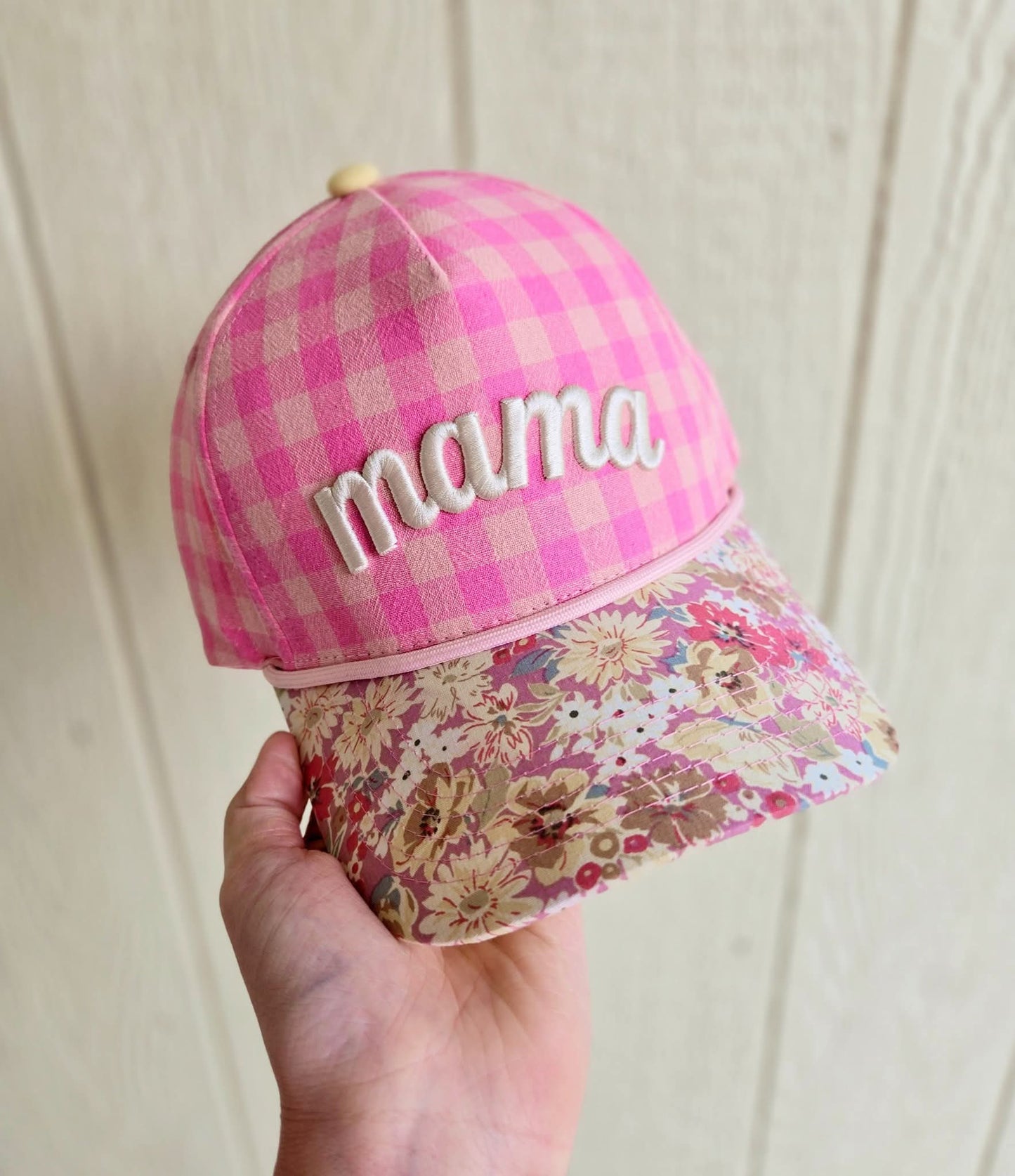 MAMA Pink Gingham/Floral Embroidered Trucker Hat