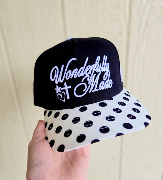 WONDERFULLY MADE Black Polka Dot Embroidered Trucker Hat