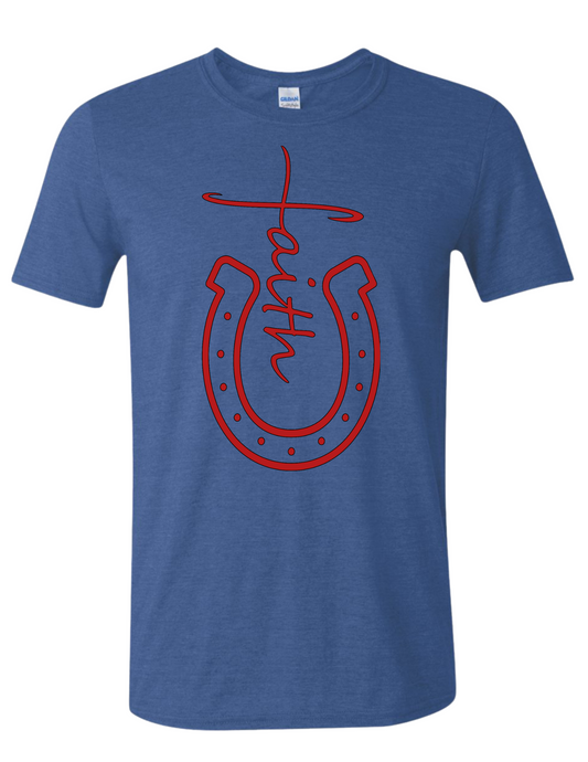 Custom shirt for Faith Rocks fundraiser! Gildan Softstyle shirt in heather royal blue. Every shirt ordered will give $5 donation to Faith Rocks!