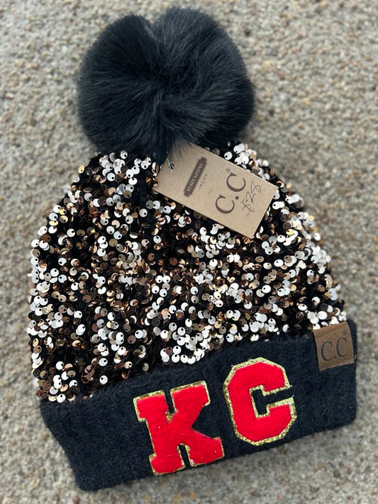 Gold Sequin KC red chenille beanie by CC