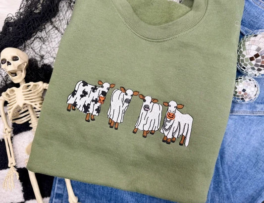 SPOOKY GHOST COWS Olive Green Crewneck *Pre-Order*