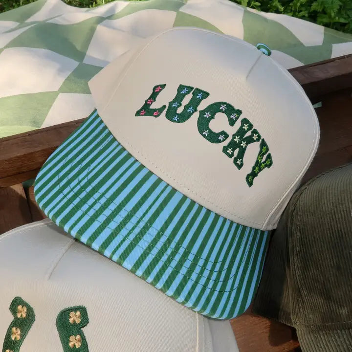 LUCKY Green/Blue Stripe Embroidered Trucker Hat